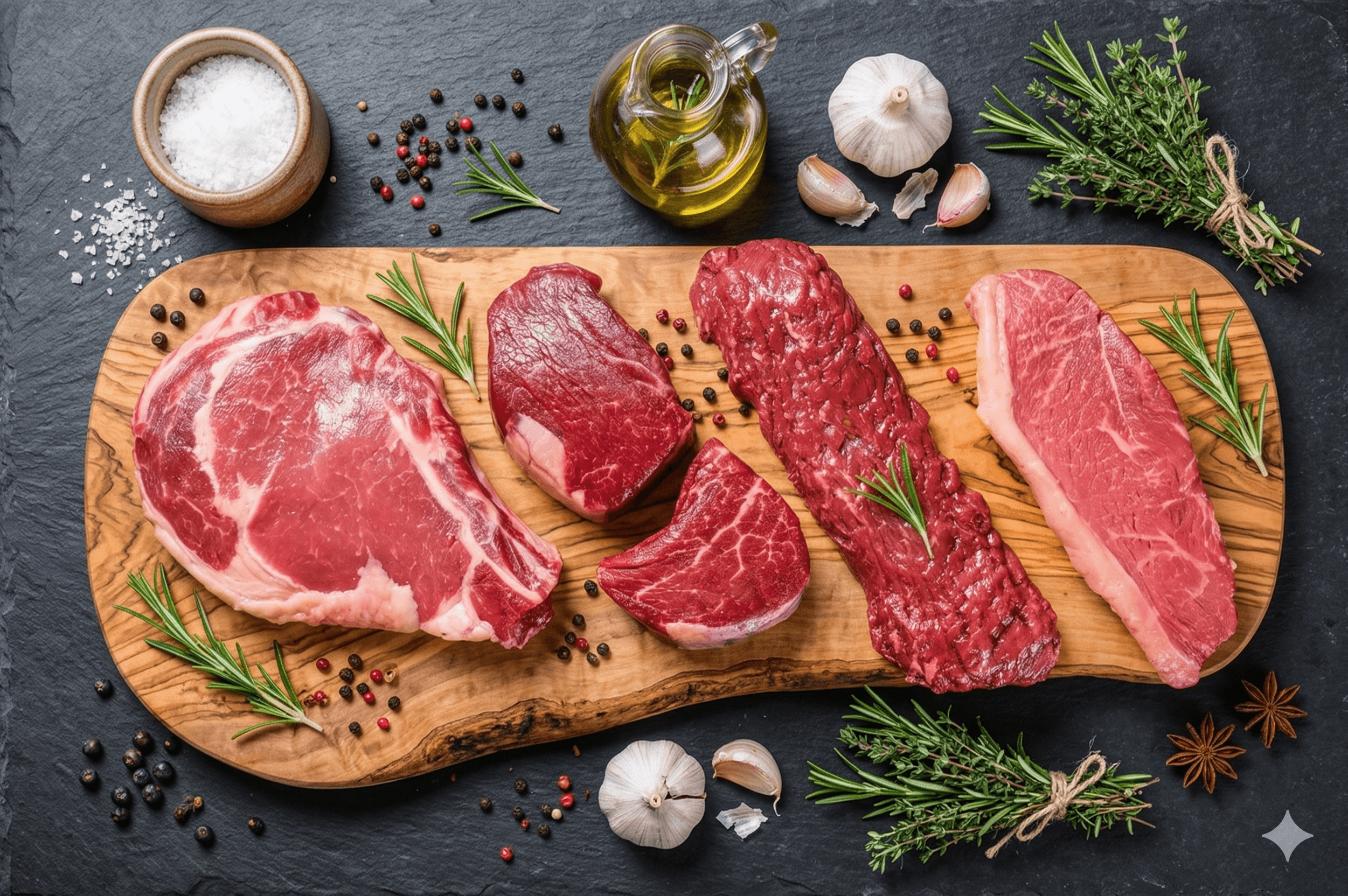 tabua de carnes bovinas cruas com temperos ao redor